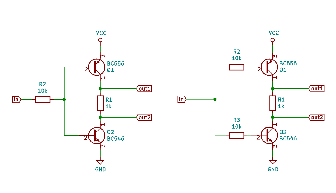 circuit analysis How should I put resistors in a NOT gate created with a NPN and PNP