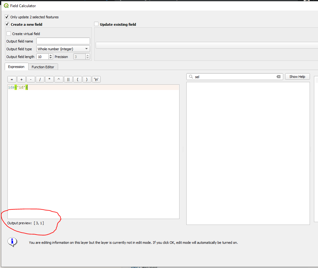 field calculator Listing IDs of all selected features with expression