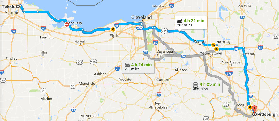 Ohio Toll Road Map tolls Avoiding the Pennsylvania Turnpike from Toledo to Pittsburgh