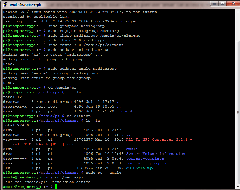 permissions How to grant amule user to access /media/pi/ USB HDD