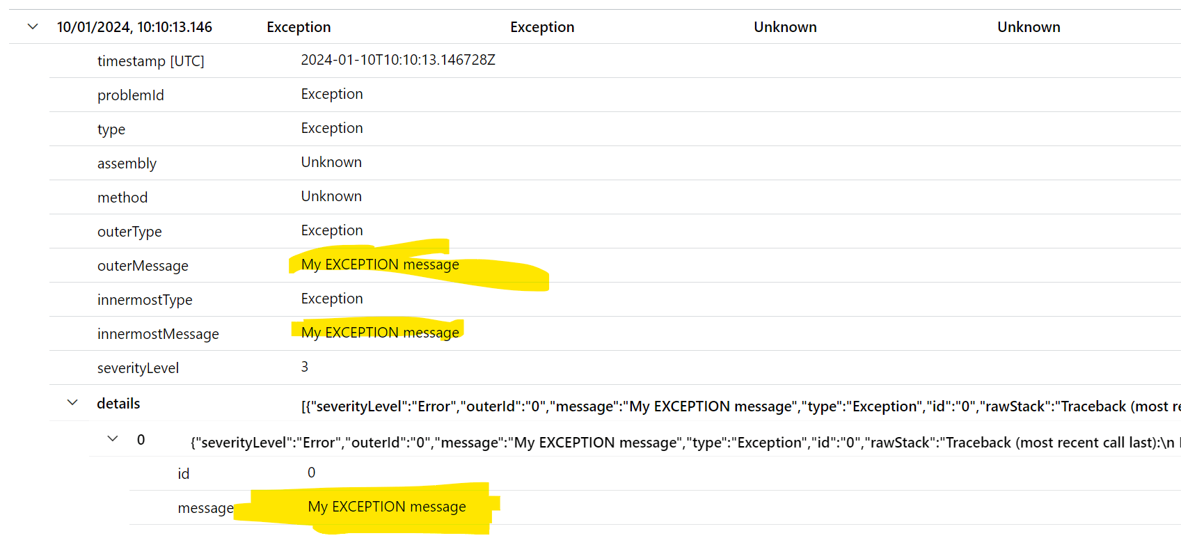 azure OpenTelemetry not logging messages with exception details to