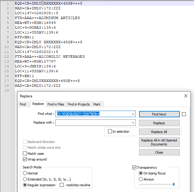 notepad++ Remove all spaces and tabs from ONLY specified segment line