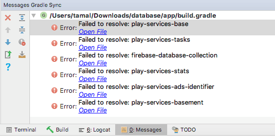 Android Firebase Database Quickstart Gradle Project Sync Failed