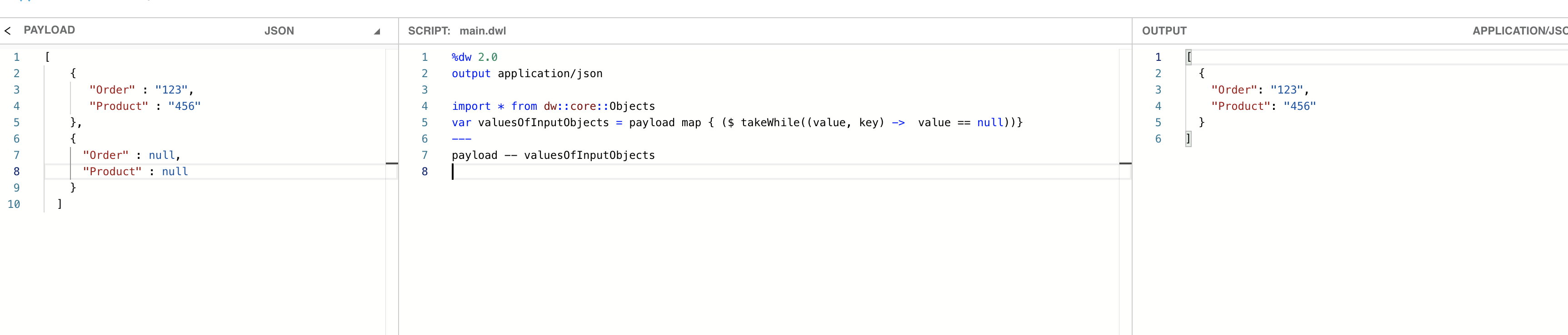mule how to remove objects that have all keys with null values in
