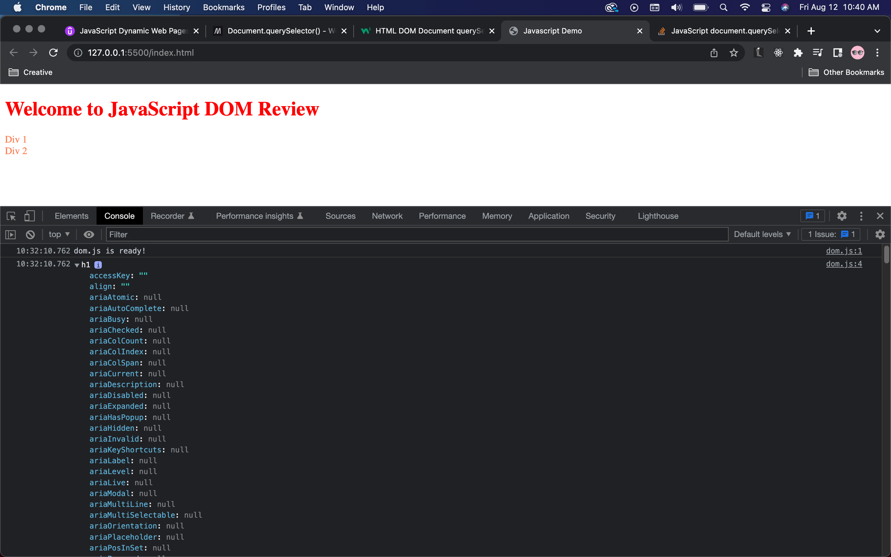 JavaScript document.querySelector() not showing tag/element when logged