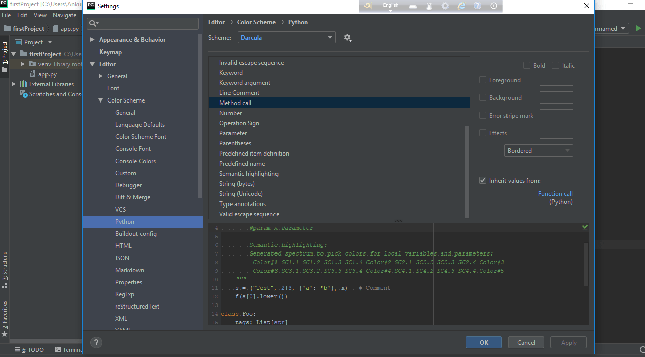 python Pycharm color scheme is not working even after change from