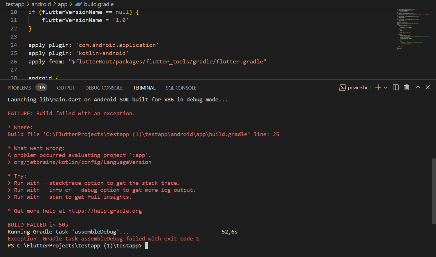 FAILURE Build failed with an exception. in Flutter project Flutter Flux