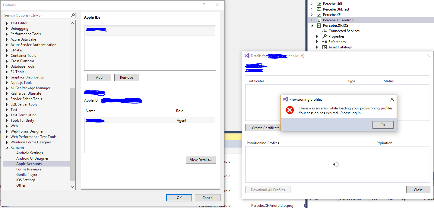 ios Visual Studio Xamarin Apple Accounts options can't download