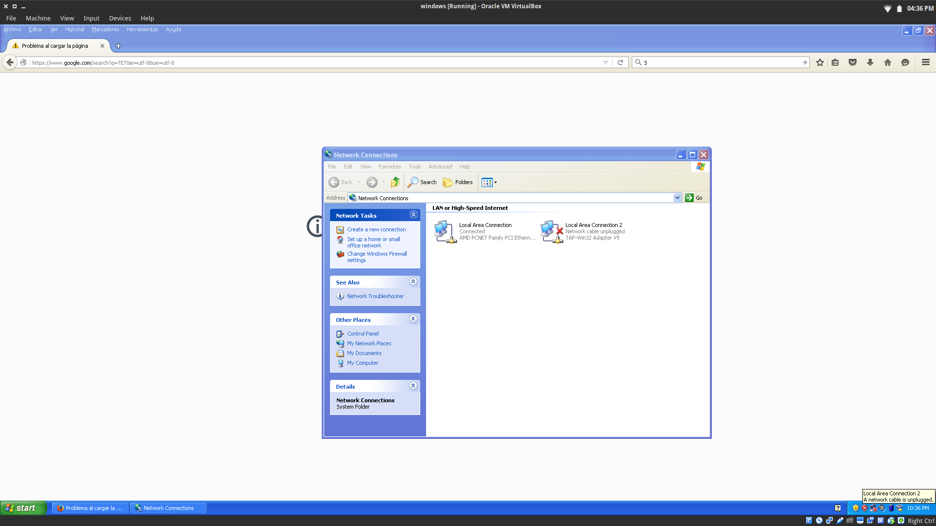 15.10 VirtualBox Windows XP machine "A network cable is unplugged
