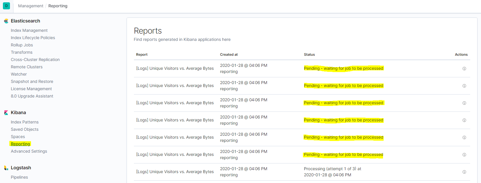 elasticsearch How can Kibana reporting process multiple jobs at once