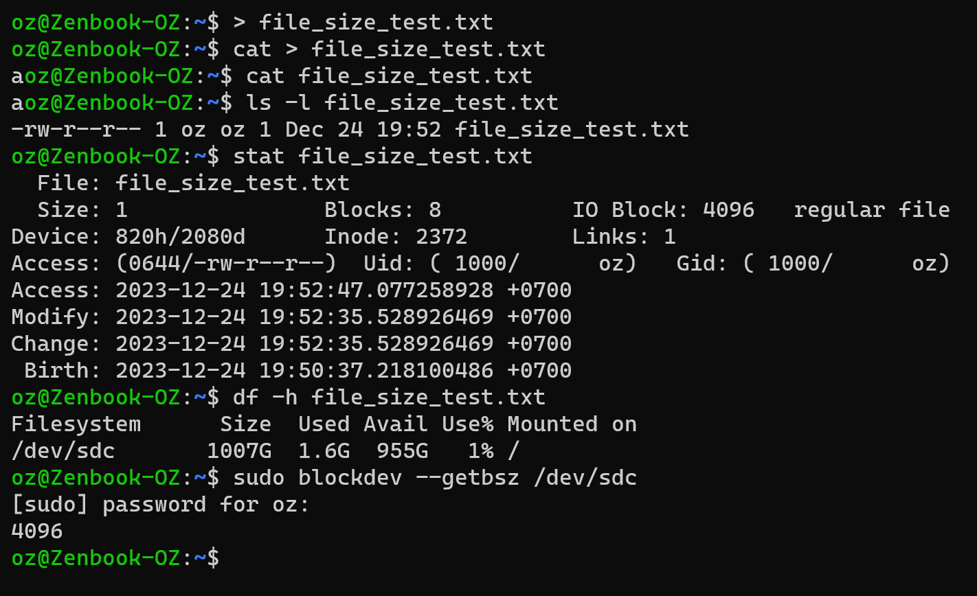 linux A file with actual size 1 byte uses 8 blocks of 4096 bytes on