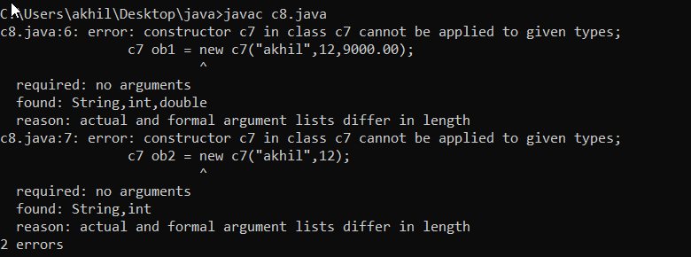 java constructor c7 in class c7 cannot be applied to given types