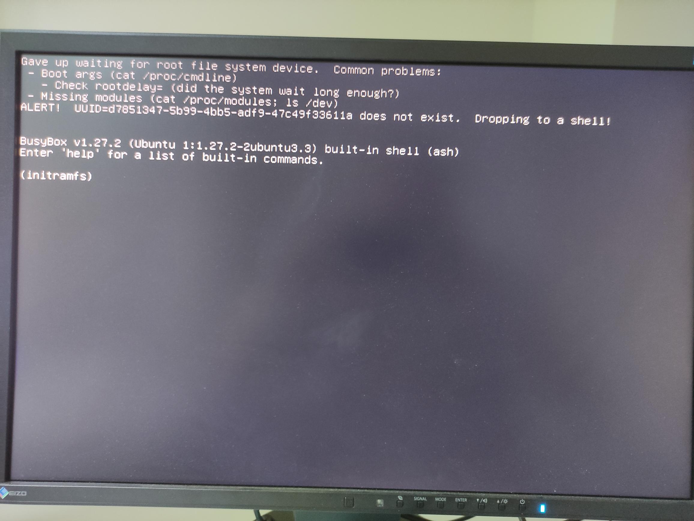18.04 Boot failure Gave up waiting for root file system device. UUID