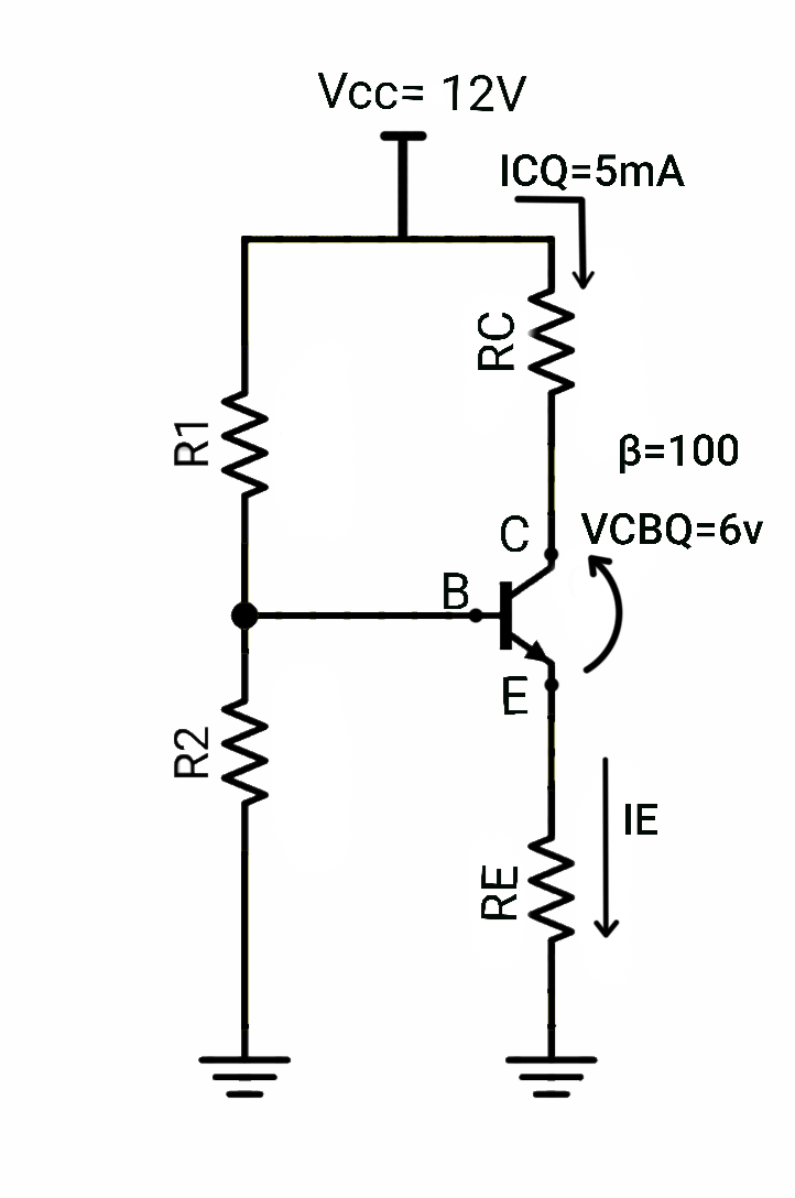 biasing How can I calculate R1, R2, RC and RE in the following