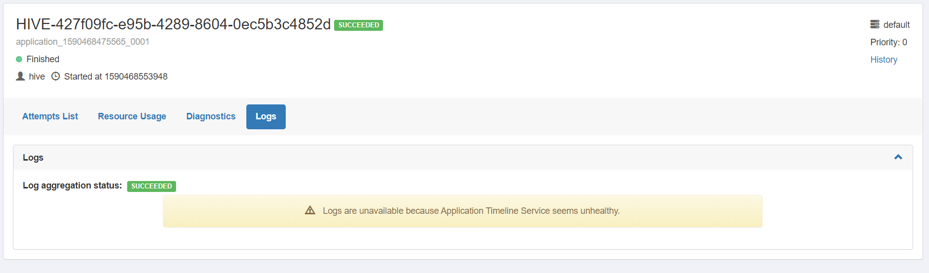 yarnpkg Yarn UI Logs are unavailable because Application Timeline Service seems unhealthy
