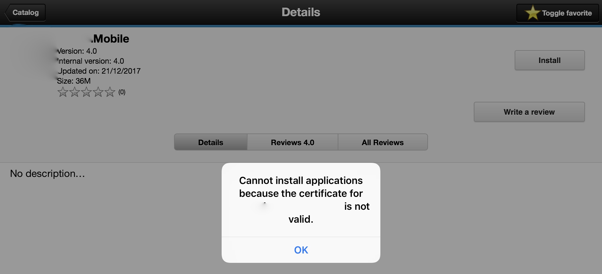 Cannot install applications because the certificate is not valid in