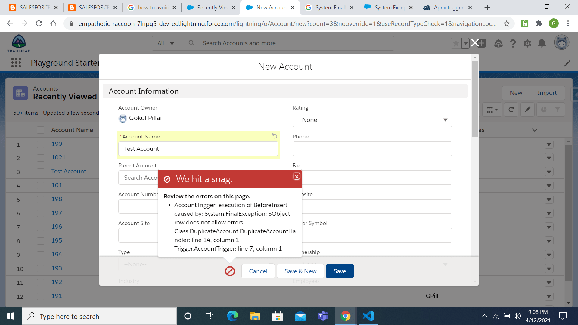 Apex trigger to prevent duplicate account on creation Salesforce