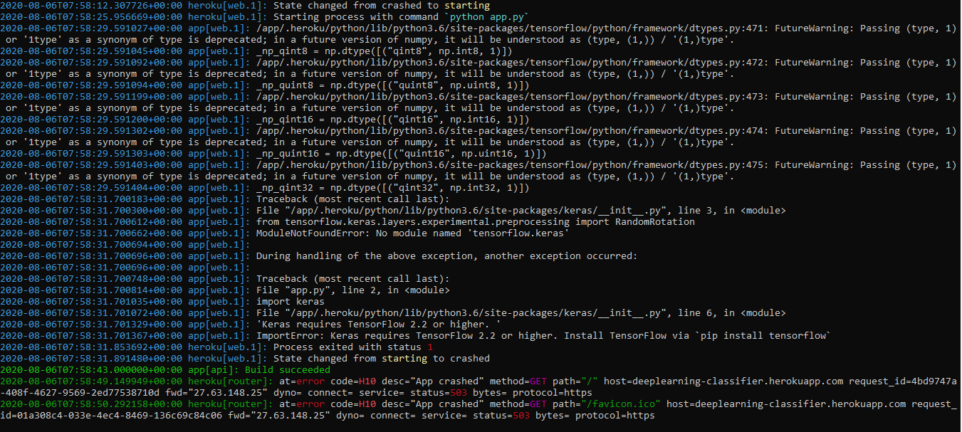 python Showing App Crashed in logs while deploying flask app on