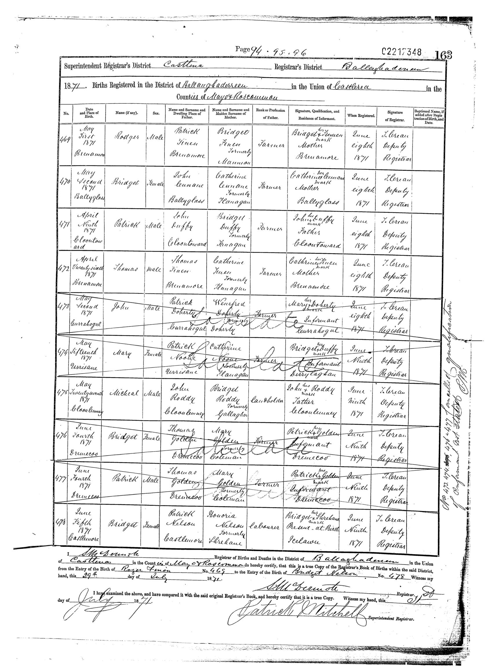 19th century What is written over some of these Irish birth records
