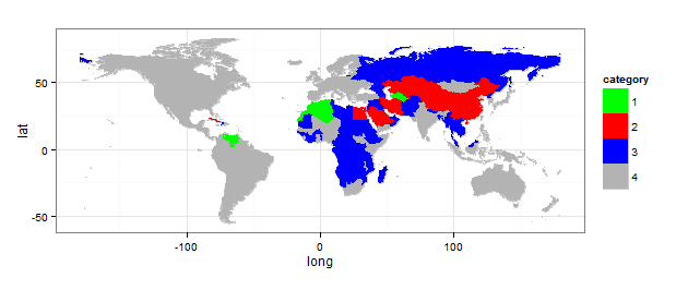 r Worldmap polygon fill color based on category data Stack Overflow