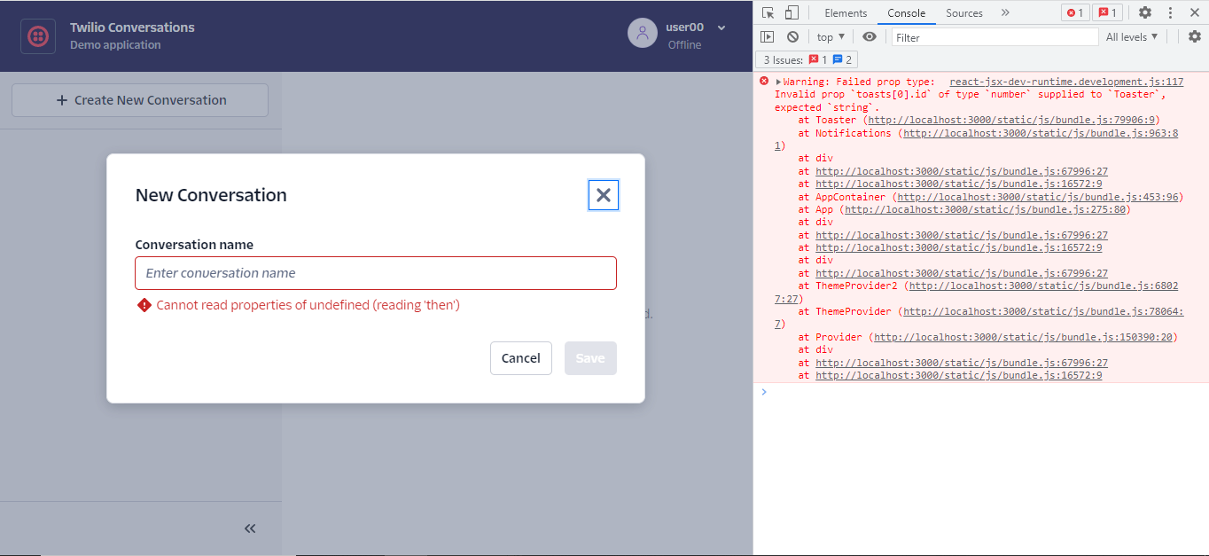 Twilio react app(github) not working from their official docs Stack