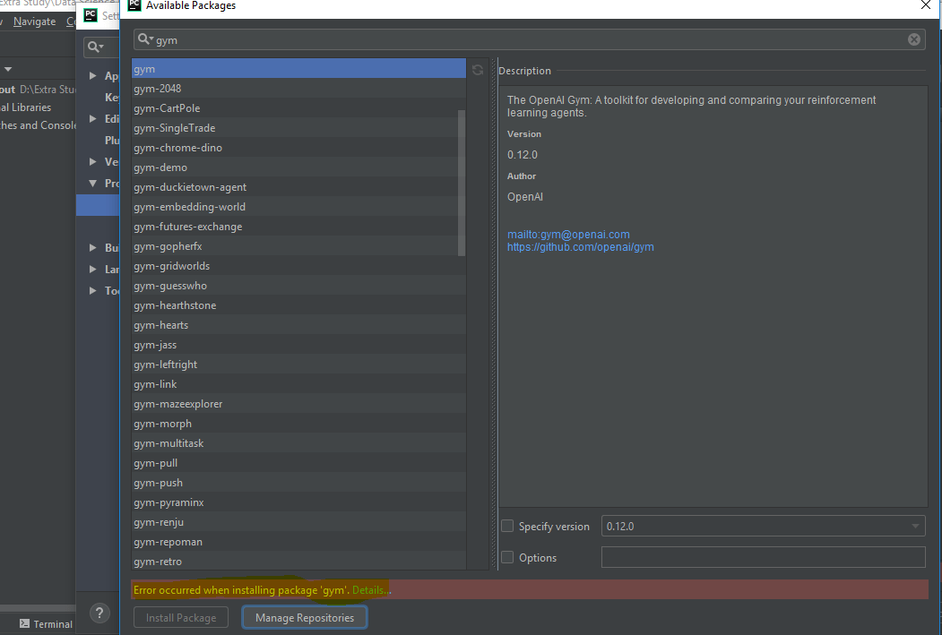 python In Pycharm got error "Error occurred when installing package