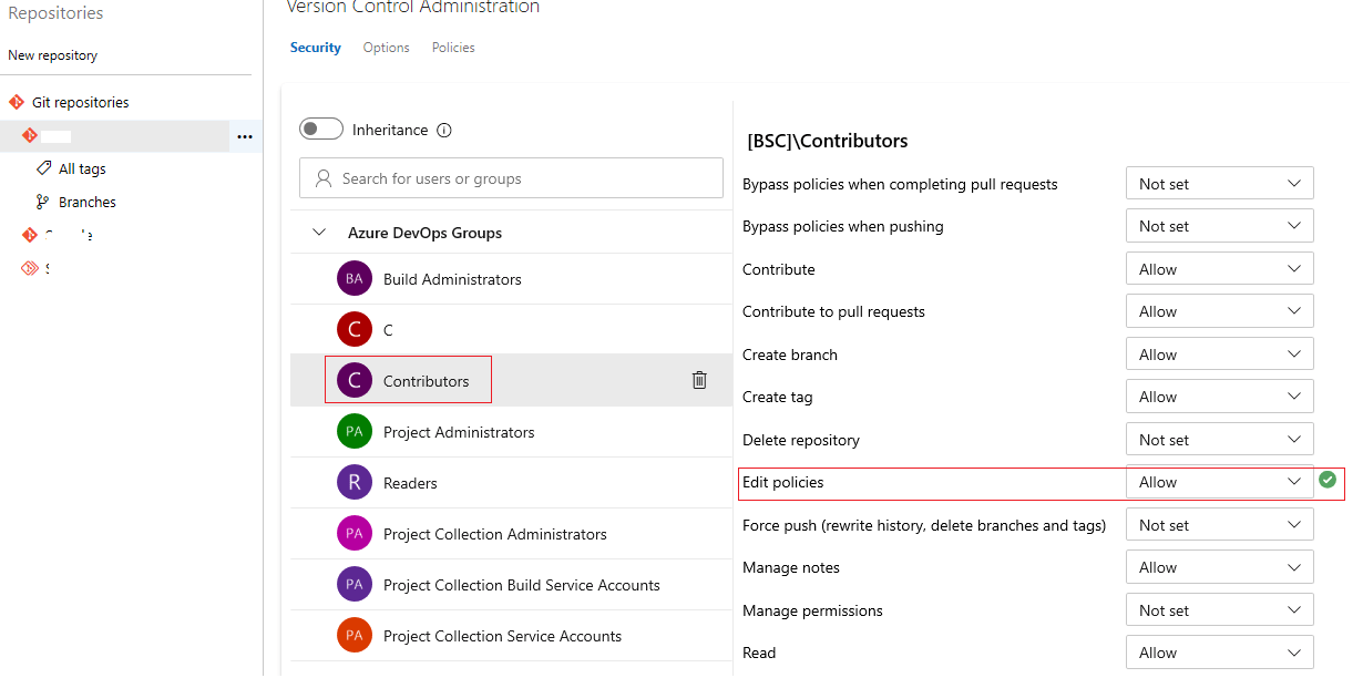 azure devops Permission to set default GIT branch of repo Stack