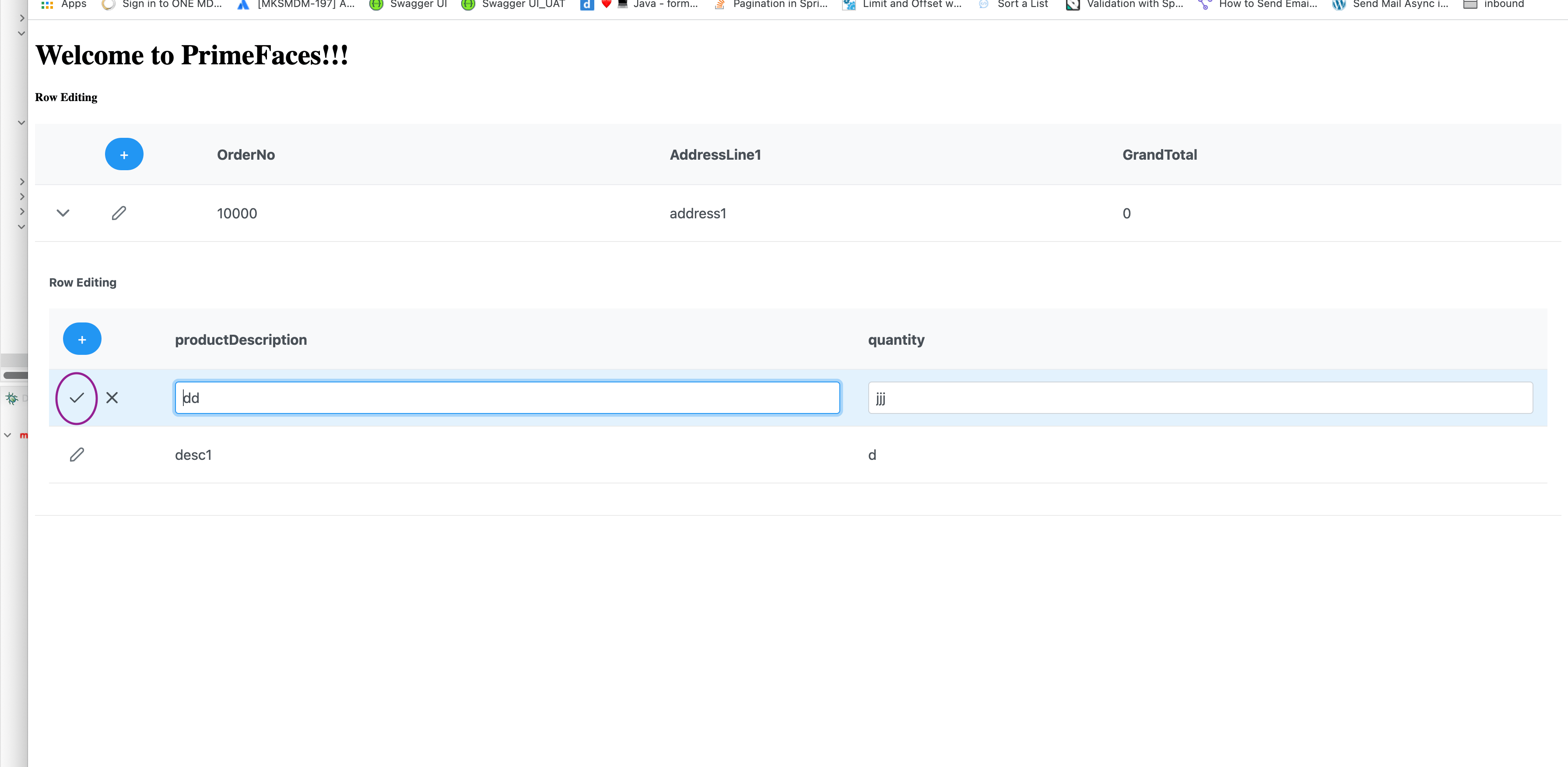 jsf Primefaces nested Datatable RowEdit adding the same sell to