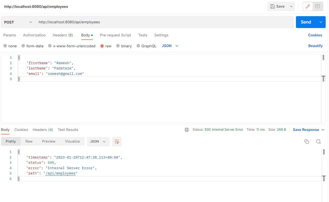 java 运行SpringBoot & POSTMAN时出现状态500错误“内部服务器错误” _大数据知识库