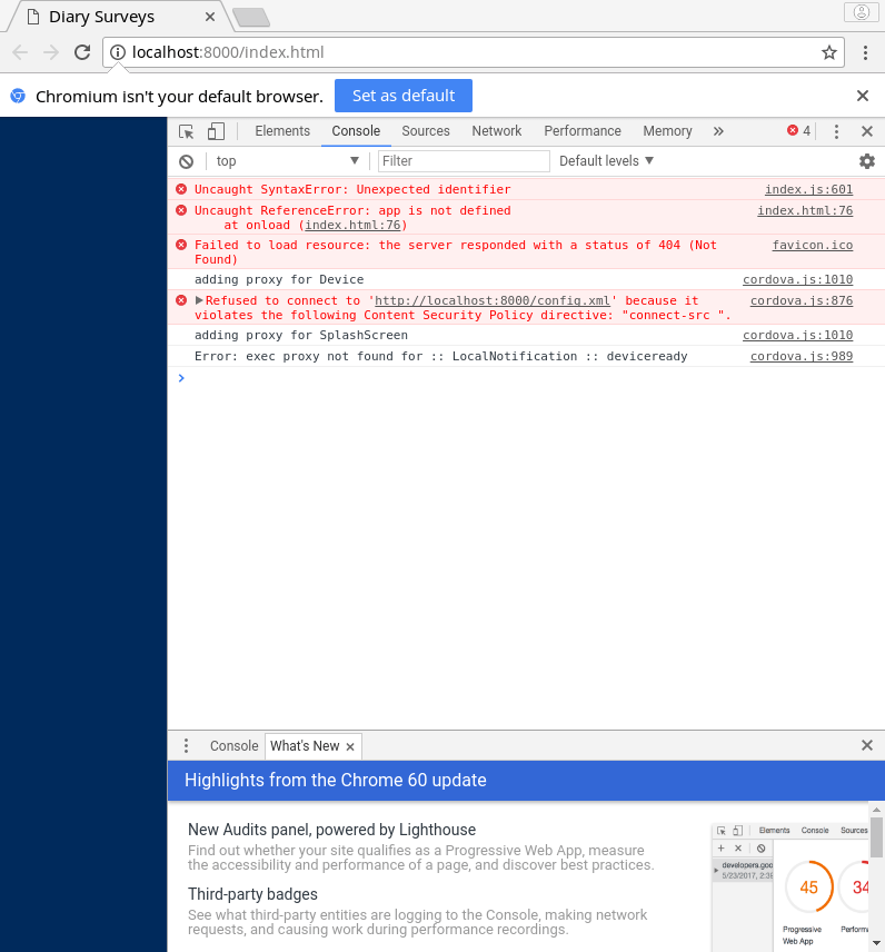 javascript Cordova app Unexpected Identifier in Index.js Stack