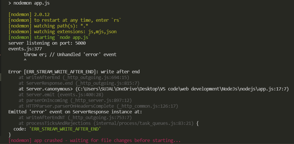 javascript How to handle throw er; unhandled 'err' event when setting