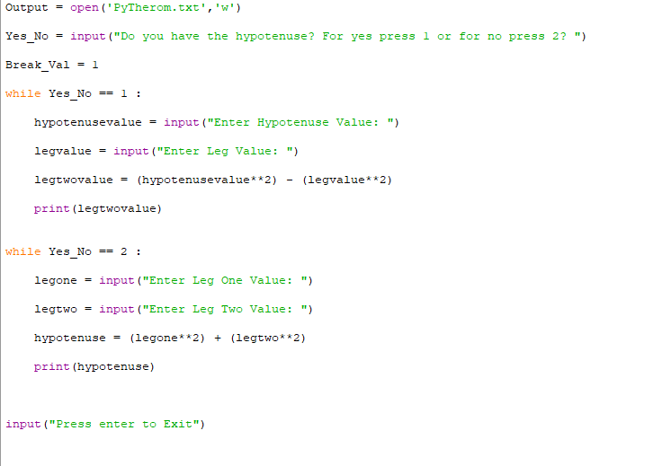 python How do I fix this While statement in my Pythagorean theorem