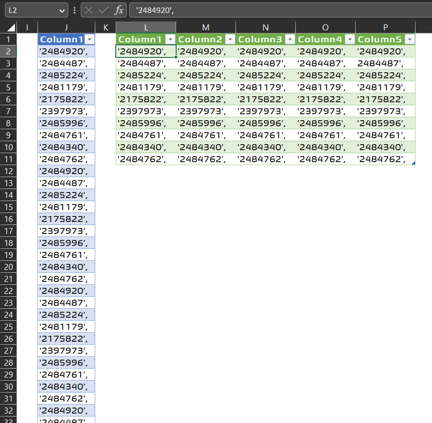Excel - Side by Side Columns - Stack Overflow