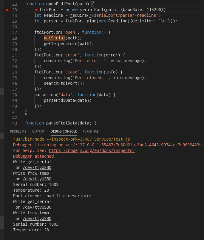 node.js Unplugging serial device causes error 'bad file descriptor'; reinitialising the serial