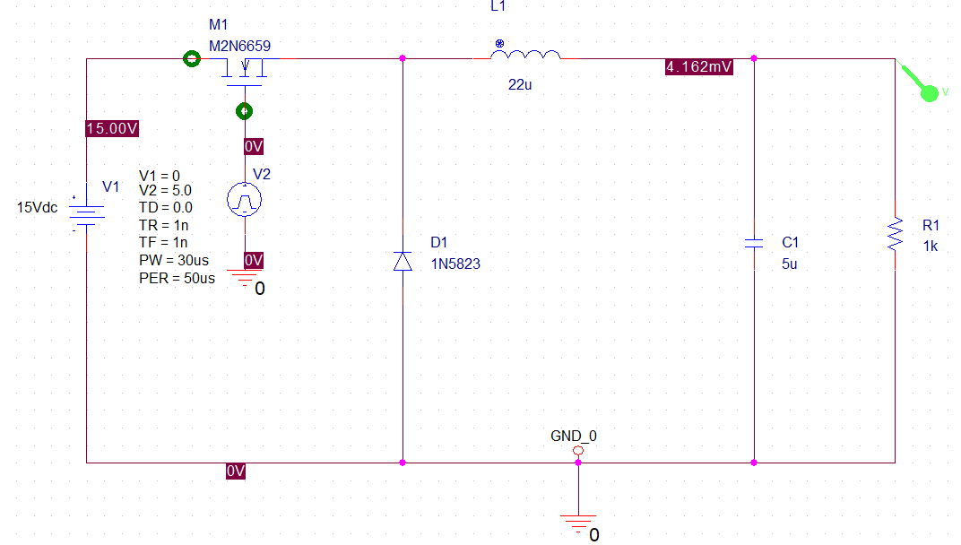 power supply Buck converter in pspice output value changes depending