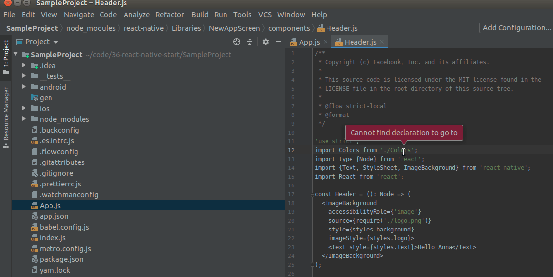 Javascript react native android studio extrabpo