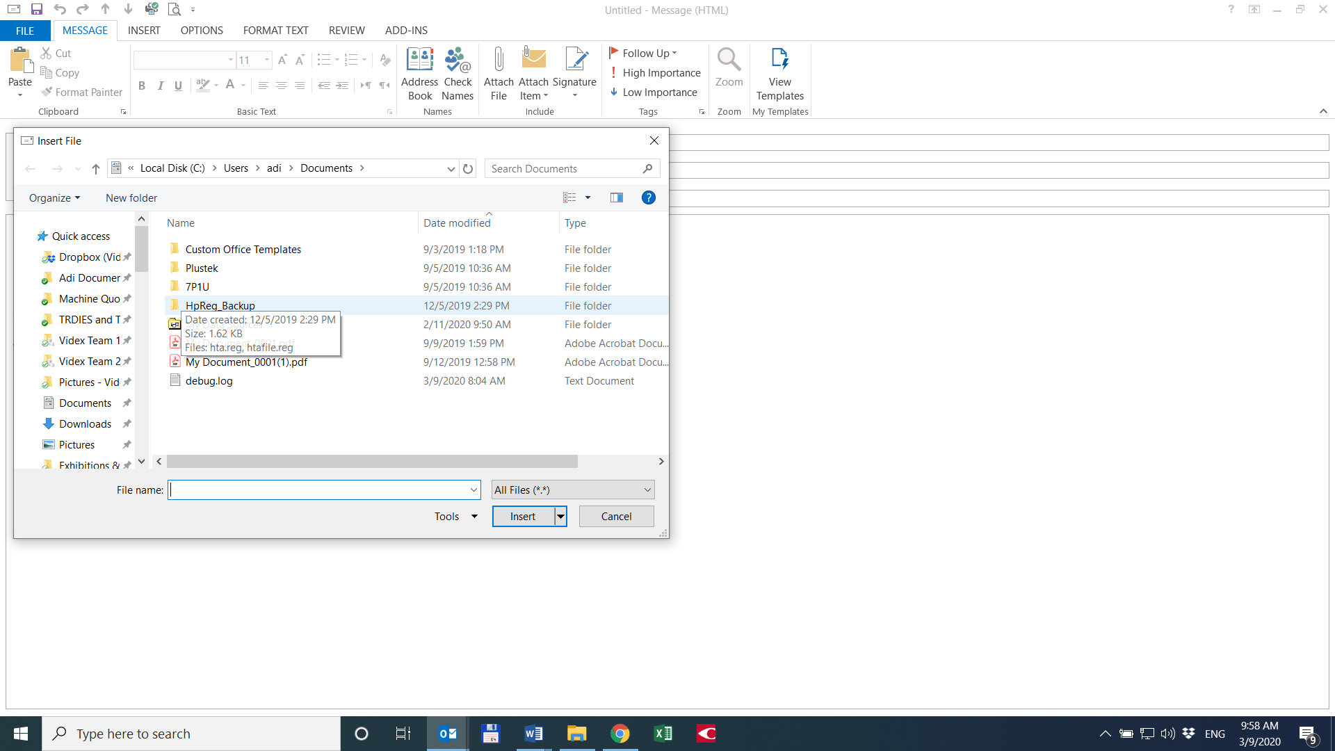 windows 10 Microsoft Outlook how to see last used files when