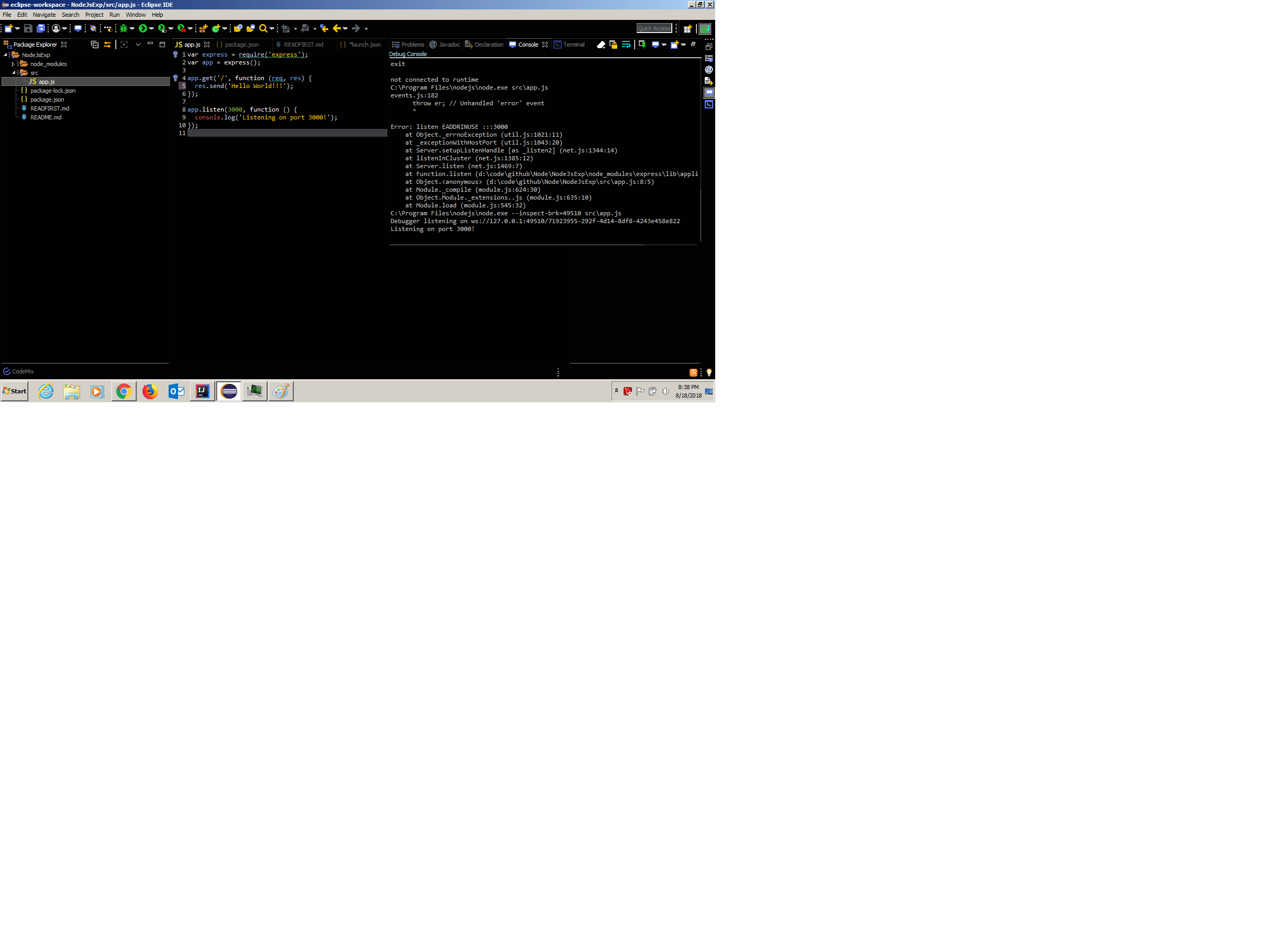 node.js Eclipse photon nodejs process does not end