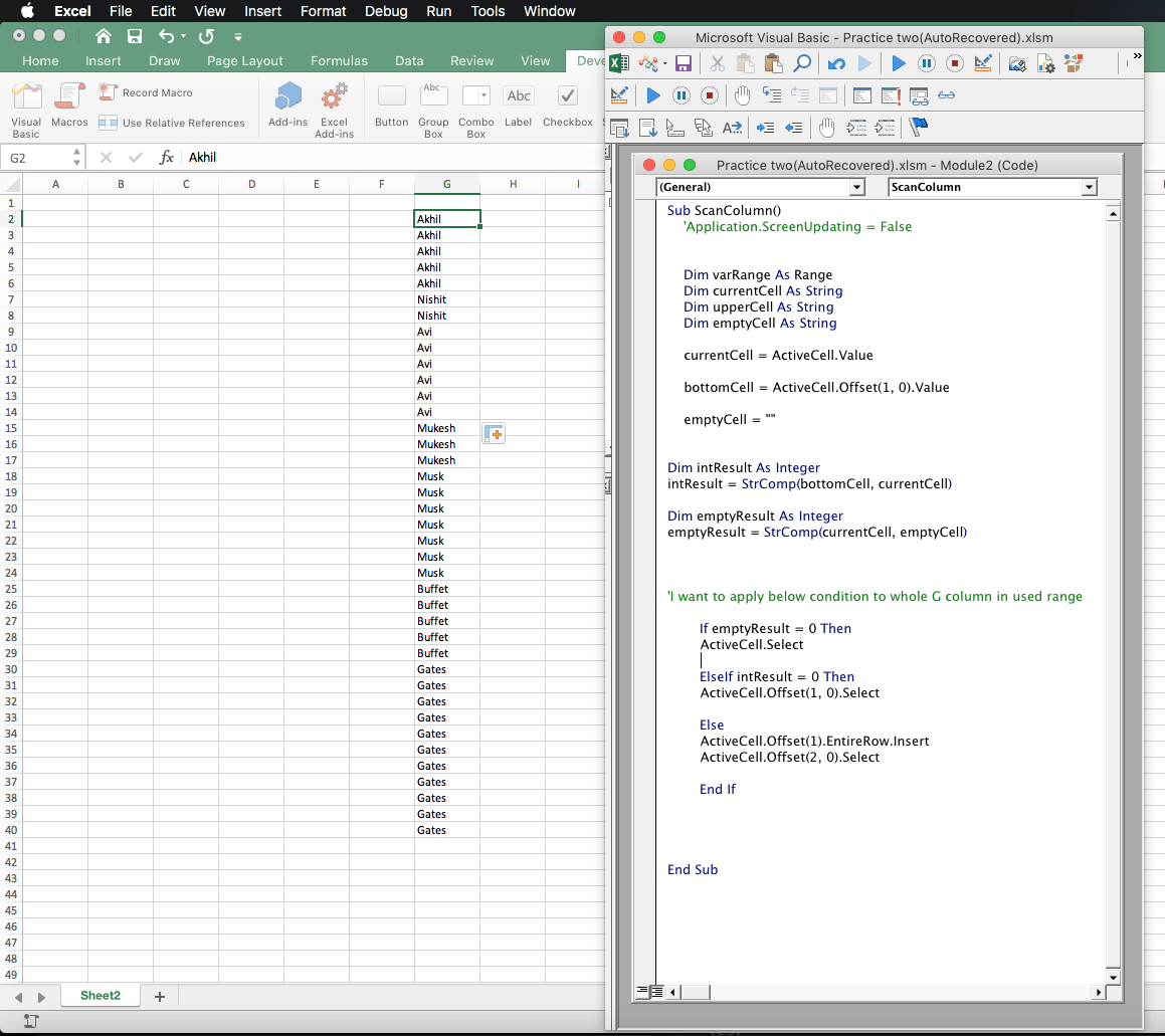 How to apply a condition to "used range" in whole column as a loop in