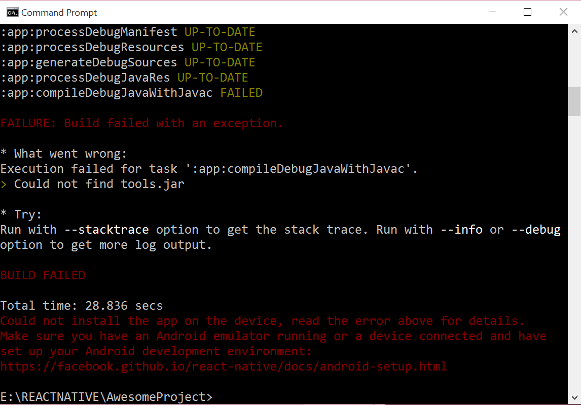 React Native error when use command "reactnative runandroid" Stack