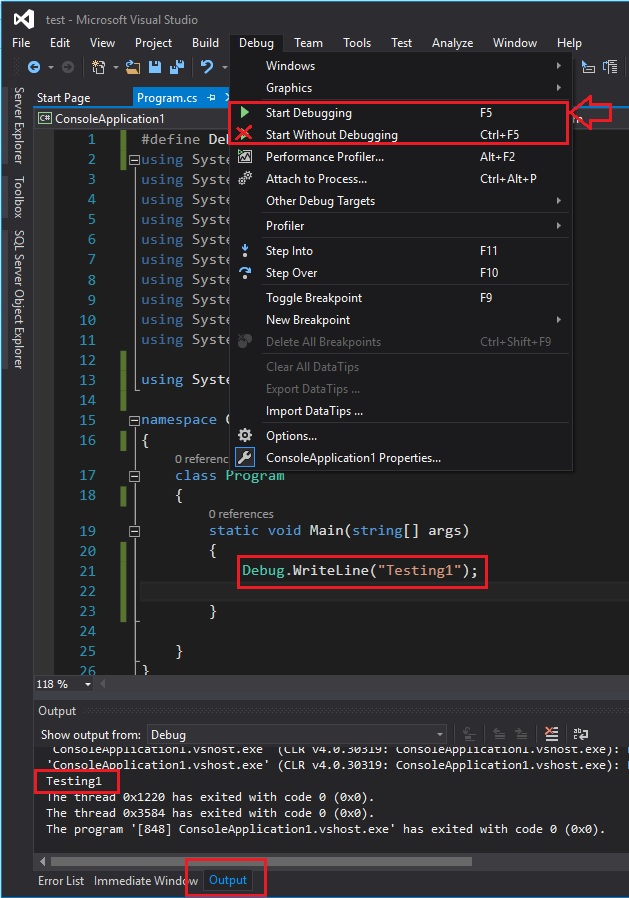 c System.Diagnostics.Debug.WriteLine giving no output in Visual