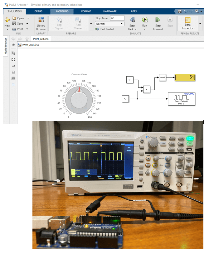 Visualize the Arduino PWM's output by means an oscilloscope