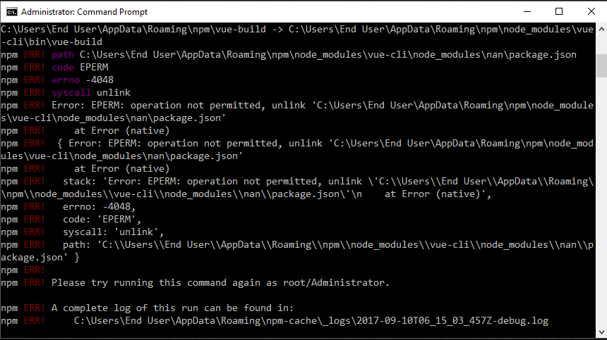 node.js npm ERR! code EPERM while installing vuecli Stack Overflow