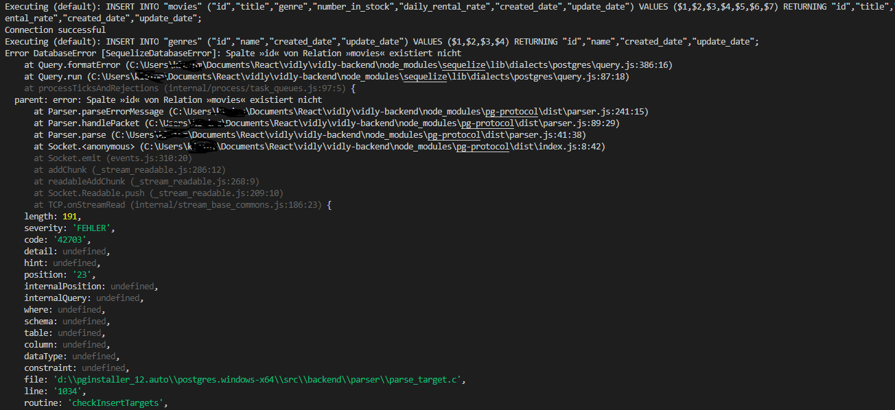 node.js Sequelize column "id" if relation "xxx" not found Stack