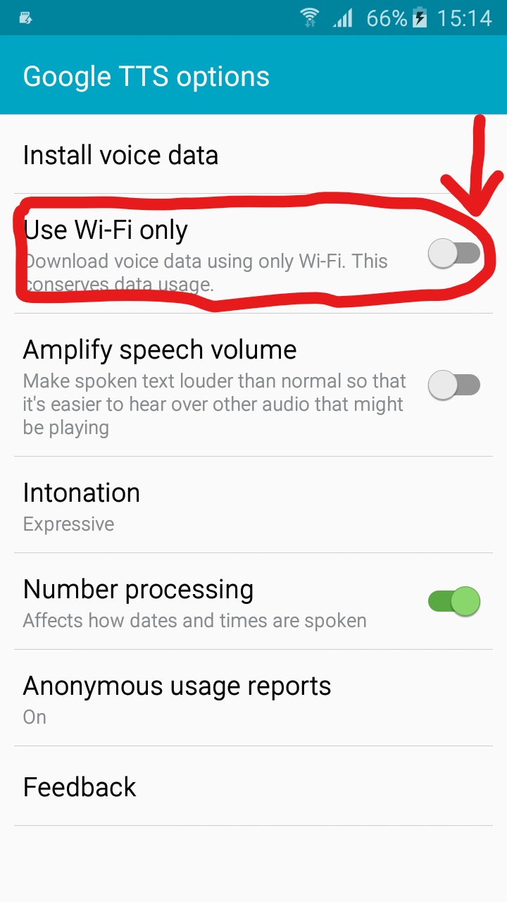 android Disable WiFi option in Google Text To Speech (TTS