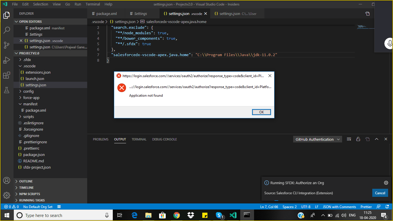 salesforcedx "Application not found" error while authorizing an org