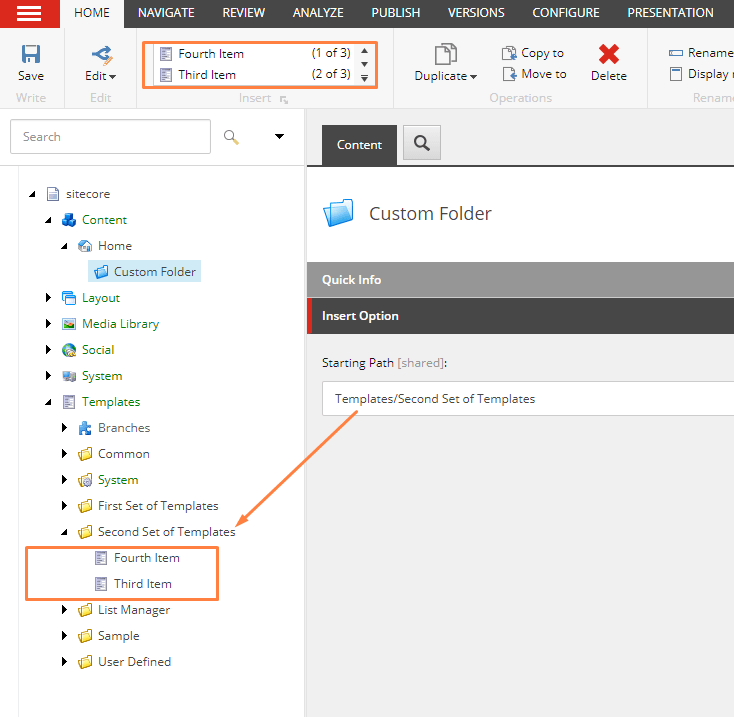 content editor Sitecore how to show templates under specific folder