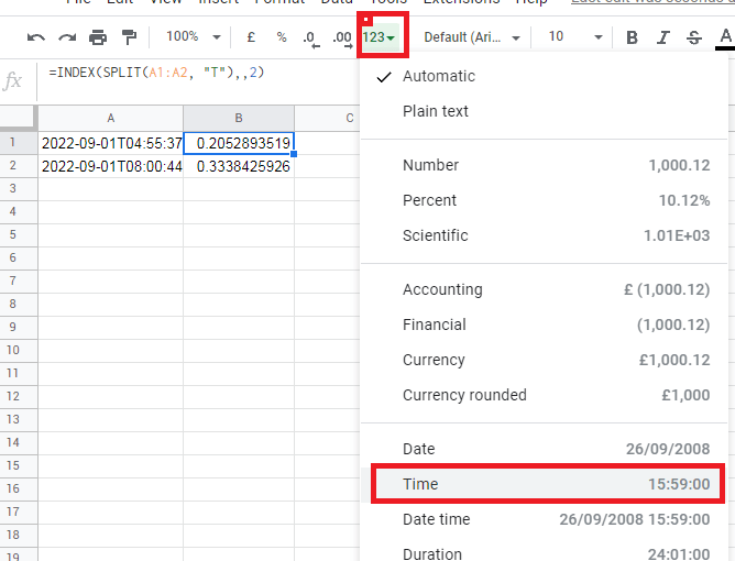 date google sheets formula to extract time check in and checkout