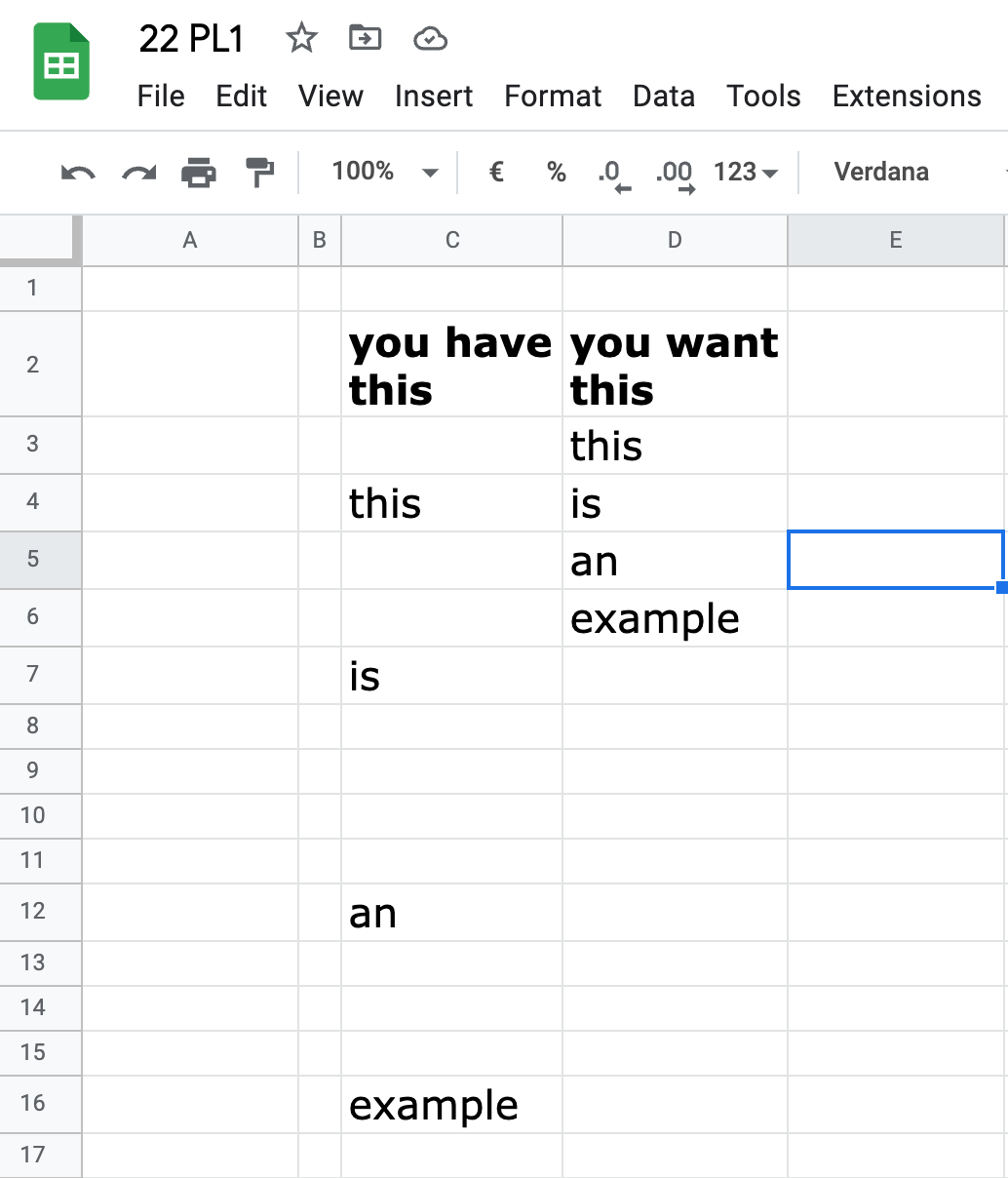How to delete blank cells and regroup not empty cells on Google Sheets