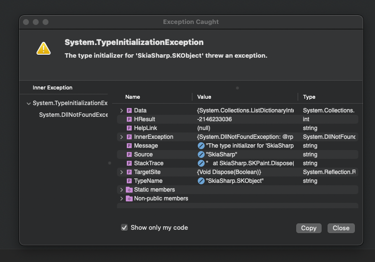 LiveCharts and SkiaSharp throws system type initialisation exception in maui on mac Stack